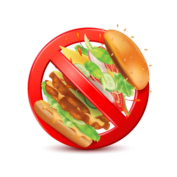 汉堡包内红色禁食标志隔离在白色背景 快餐危险标签 没有快餐的迹象 不健康的饮食观念 3D矢量说明 — 图库矢量图片