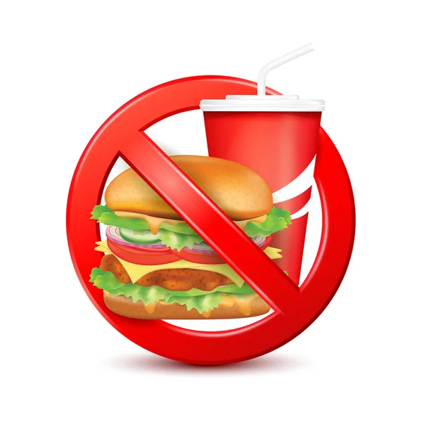 Fast Food Μέσα Στο Κόκκινο Απαγορευμένη Πινακίδα Απομονώνονται Λευκό Φόντο — Διανυσματικό Αρχείο
