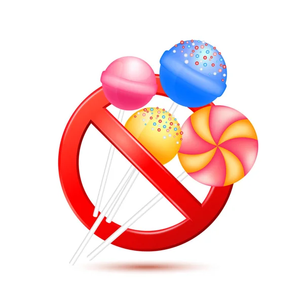 红色内的棒棒糖禁令标志隔离在白色背景上 快餐危险标签 没有棒棒糖 不健康的饮食观念 3D矢量说明 — 图库矢量图片