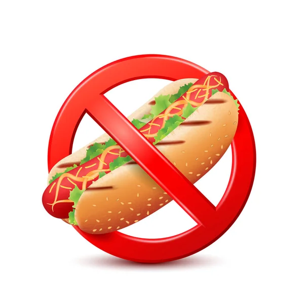热狗红色禁食标志内的快餐被隔离在白色背景下 快餐危险标签 没有汉堡包可乐和薯条 不健康的饮食观念 3D矢量说明 — 图库矢量图片