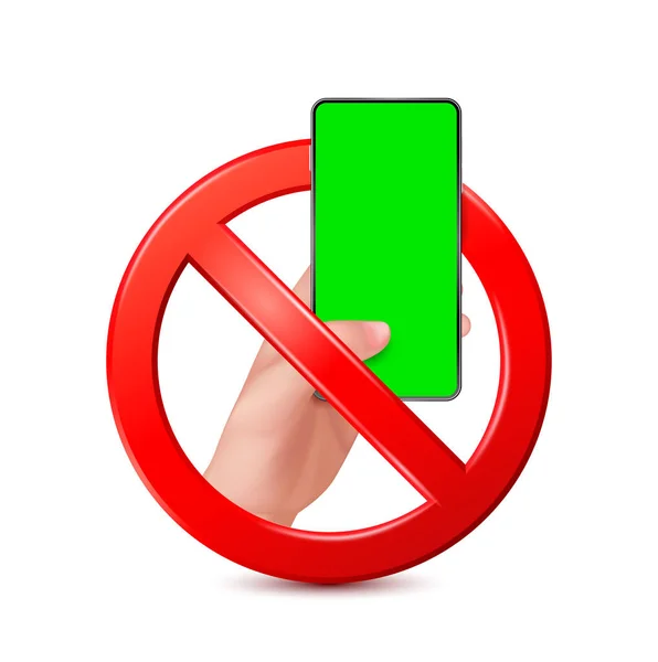 白の背景に赤の禁止記号で携帯電話を呼び出すことはありません 広告テキストのためのスマートフォンの緑の画面の空のスペース アイコン3Dベクトルイラスト — ストックベクタ