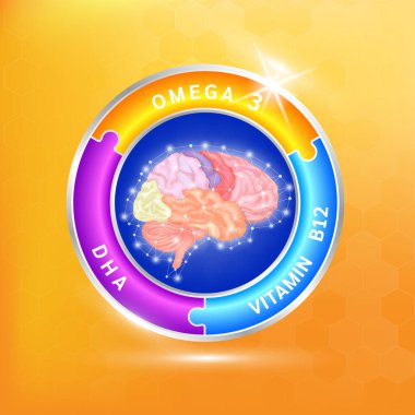 Alüminyum yuvarlak etiketli sağlıklı beyin insan. Balık yağı omega 3, DHA ve B12 vitamini. Yiyecekler vitaminler mineral logo ürünleri şablon tasarımı. Tıbbi gıda destek konseptleri. 3B Vektör EPS10.
