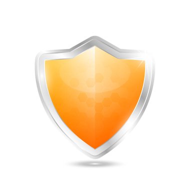 Koruma kalkanı çerçevesi alüminyum parlak gümüş turuncu parlak cam beyaz arka planda izole edilmiş. Güvenlik etiketinde mesaj yok. Sunum etiketi şeklinde. Simge 3D Vektör EPS10.