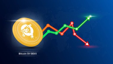 Bitcoin SV para sarısı. Borsa yatırım grafiği yeşil ve kırmızı olan kripto döviz sembolü. Koyu arkaplanda madeni para simgesi. Ekonomik trendler iş konsepti. 3B Vektör illüstrasyonu.