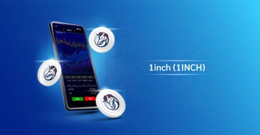 Bir inç ve telefon. Dokunmatik ekranda akıllı telefondan şifreli para ticareti uygulaması. Veri analizi borsası. Eğilimler ve finansal stratejiler. Mobil bankacılık kriptosu. Vektör 3d.