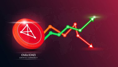 Şili parası kırmızısı. Borsa yatırım grafiği yeşil ve kırmızı olan kripto döviz sembolü. Koyu arkaplanda madeni para simgesi. Ekonomik trendler iş konsepti. 3B Vektör illüstrasyonu.