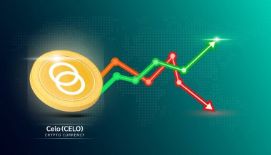 Çello parası sarısı. Borsa yatırım grafiği yeşil ve kırmızı olan kripto döviz sembolü. Koyu arkaplanda madeni para simgesi. Ekonomik trendler iş konsepti. 3B Vektör illüstrasyonu.