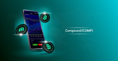 Bileşik ve Telefon. Dokunmatik ekranda akıllı telefondan şifreli para ticareti uygulaması. Veri analizi borsası. Eğilimler ve finansal stratejiler. Mobil bankacılık kriptosu. Vektör 3d. 