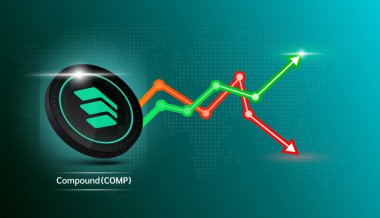 Bileşik madeni para. Borsa yatırım grafiği yeşil ve kırmızı olan kripto döviz sembolü. Koyu arkaplanda madeni para simgesi. Ekonomik trendler iş konsepti. 3B Vektör illüstrasyonu.