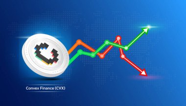 Finans madeni parası. Borsa yatırım grafiği yeşil ve kırmızı olan kripto döviz sembolü. Koyu arkaplanda madeni para simgesi. Ekonomik trendler iş konsepti. 3B Vektör illüstrasyonu.