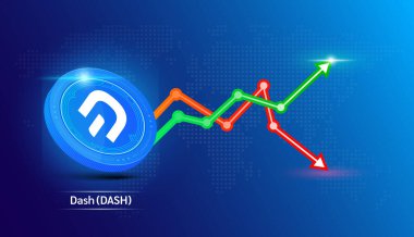 Dash madeni para mavisi. Borsa yatırım grafiği yeşil ve kırmızı olan kripto döviz sembolü. Koyu arkaplanda madeni para simgesi. Ekonomik trendler iş konsepti. 3B Vektör illüstrasyonu.