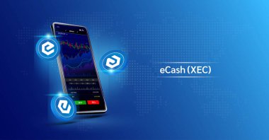 eCash ve telefon. Dokunmatik ekranda akıllı telefondan şifreli para ticareti uygulaması. Veri analizi borsası. Eğilimler ve finansal stratejiler. Mobil bankacılık kriptosu. Vektör 3d.