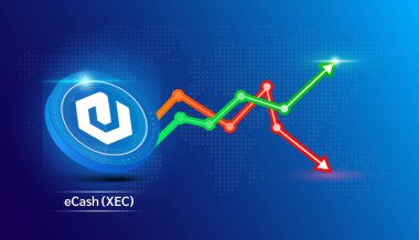eCash madeni para mavisi. Borsa yatırım grafiği yeşil ve kırmızı olan kripto döviz sembolü. Koyu arkaplanda madeni para simgesi. Ekonomik trendler iş konsepti. 3B Vektör illüstrasyonu.