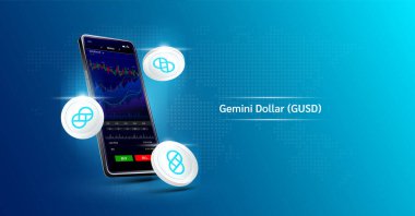 Gemini Doları ve Telefonu. Dokunmatik ekranda akıllı telefondan şifreli para ticareti uygulaması. Veri analizi borsası. Eğilimler ve finansal stratejiler. Mobil bankacılık kriptosu. Vektör 3d.