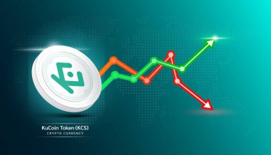 KuCoin jetonu. Borsa yatırım grafiği yeşil ve kırmızı olan kripto döviz sembolü. Koyu arkaplanda madeni para simgesi. Ekonomik trendler iş konsepti. 3B Vektör illüstrasyonu.