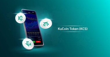 KuCoin Token ve telefon. Dokunmatik ekranda akıllı telefondan şifreli para ticareti uygulaması. Veri analizi borsası. Eğilimler ve finansal stratejiler. Mobil bankacılık kriptosu. Vektör 3d.