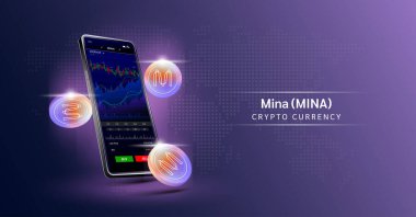 Mina ve Telefon. Dokunmatik ekranda akıllı telefondan şifreli para ticareti uygulaması. Veri analizi borsası. Eğilimler ve finansal stratejiler. Mobil bankacılık kriptosu. Vektör 3d.