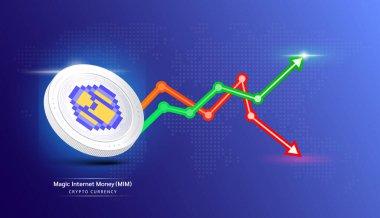 Sihirli internet parası. Borsa yatırım grafiği yeşil ve kırmızı olan kripto döviz sembolü. Koyu arkaplanda madeni para simgesi. Ekonomik trendler iş konsepti. 3B Vektör illüstrasyonu.