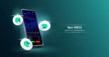 Neo ve telefon. Dokunmatik ekranda akıllı telefondan şifreli para ticareti uygulaması. Veri analizi borsası. Eğilimler ve finansal stratejiler. Mobil bankacılık kriptosu. Vektör 3d.
