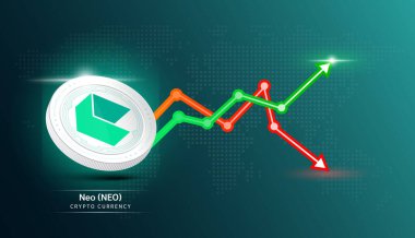 Neo para. Borsa yatırım grafiği yeşil ve kırmızı olan kripto döviz sembolü. Koyu arkaplanda madeni para simgesi. Ekonomik trendler iş konsepti. 3B Vektör illüstrasyonu.