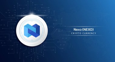 Nexo madeni para kripto para sembolü. Borsa yatırım ticareti yapan kripto para birimi. Koyu arkaplanda madeni para simgesi. Ekonomik trendler finans kavramı. 3B Vektör illüstrasyonu.