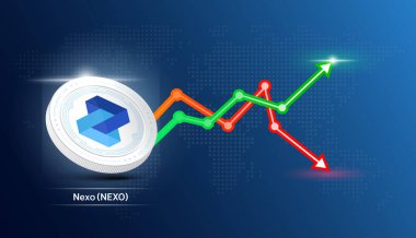 Nexo parası. Borsa yatırım grafiği yeşil ve kırmızı olan kripto döviz sembolü. Koyu arkaplanda madeni para simgesi. Ekonomik trendler iş konsepti. 3B Vektör illüstrasyonu.