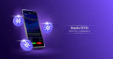 Yığınlar ve telefon. Dokunmatik ekranda akıllı telefondan şifreli para ticareti uygulaması. Veri analizi borsası. Eğilimler ve finansal stratejiler. Mobil bankacılık kriptosu. Vektör 3d.