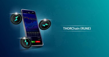 THORChain ve Phone. Dokunmatik ekranda akıllı telefondan şifreli para ticareti uygulaması. Veri analizi borsası. Eğilimler ve finansal stratejiler. Mobil bankacılık kriptosu. Vektör 3d.
