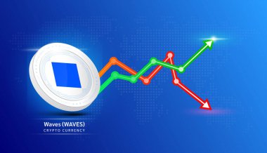 Bozuk para sallıyor. Borsa yatırım grafiği yeşil ve kırmızı olan kripto döviz sembolü. Koyu arkaplanda madeni para simgesi. Ekonomik trendler iş konsepti. 3B Vektör illüstrasyonu.