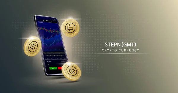 Stepn Och Telefon App För Handel Krypto Valuta Pekskärmen Smartphone — Stock vektor