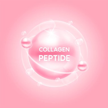 Kolajen peptit pembe ve kabarcık oksijen serumu kimyasal formülü. Güzellik tedavisiyle beslenme derisi tasarımı. Tıbbi ve bilimsel kavramlar. 3B Vektör EPS10.