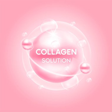 Kolajen solüsyonu pembe. Gluta vitamini kompleksi ve kabarcık oksijen serumu kimyasal formülü. Güzellik tedavisiyle beslenme derisi tasarımı. Tıbbi ve bilimsel kavramlar. 3B Vektör EPS10.