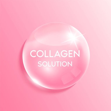 Pembe damlalar şeklinde kolajen solüsyonu. Vitamin kompleksi ve doğadan gelen kimyasal formül. Güzellik tedavisiyle beslenme derisi tasarımı. Tıbbi ve bilimsel kavramlar. 3B Gerçekçi Vektör.