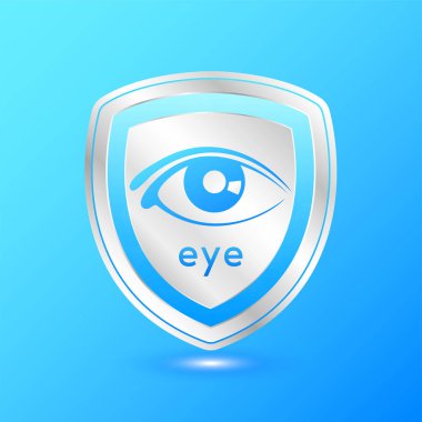 Mavi kalkanda bir göz simgesi. Gözünü koru, sağlıklı kal. Beslenme ürünleri için yiyecek. Metal alüminyum etiketi katı arkaplanda izole edilmiş. Tıbbi bilimsel kavramlar. 3B Vektör illüstrasyonu.