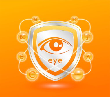 Kalkan turuncusu göz simgesi. Yarıçaplı vitaminler ve omega 3 halka çevresi. Gözünü koru, sağlıklı kal. Beslenme ürünleri tasarımı için. Etiket sağlam arkaplanda izole edildi. Tıbbi kavramlar. 3B vektör.