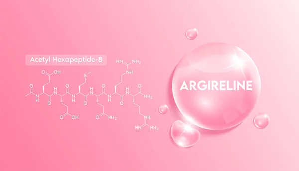 Argireline (Asetil hexapeptit-3) ve yapısı. Pembe damlacık suyunda nemlendirici kolajen solüsyonu. Güzellik tedavisiyle beslenme derisi tasarımı. Tıbbi kavramlar. 3B Gerçekçi Vektör.