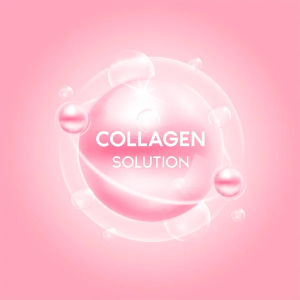 Kolajen solüsyonu pembe. Gluta vitamini kompleksi ve kabarcık oksijen serumu kimyasal formülü. Güzellik tedavisiyle beslenme derisi tasarımı. Tıbbi ve bilimsel kavramlar. 3B Vektör EPS10.