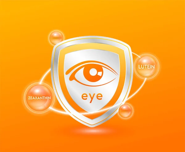 stock vector Eye icon in shield orange. Zeaxanthin and Lutein capsules around. Protect the eye stay healthy for good vision. For nutrition products to help improve eyesight. 3D Vector illustration.