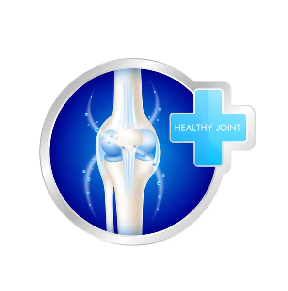 健康的な関節骨の人間ラベルのアルミニウムと医療標識青 ロゴ製品のテンプレートデザインです 医療食品サプリメントの概念 3Dリアルなベクトル Eps10 — ストックベクタ