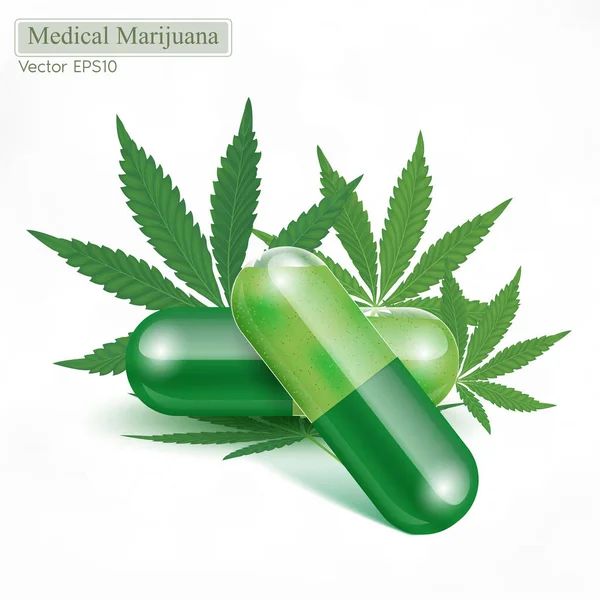 マリファナと大麻油をカプセルに入れて 緑のマリファナ葉 大麻の葉 Cbd油の利点医療用 ベクトルEps10 — ストックベクタ