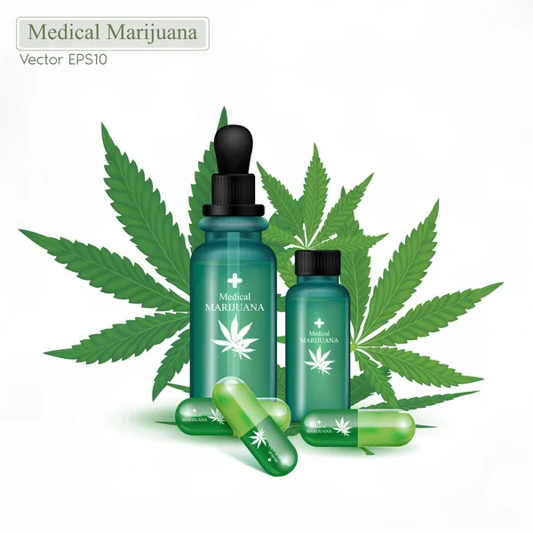 マリファナと大麻油をグラスボトルに入れて 緑のマリファナ葉 大麻の葉 カプセル Cbd油の利点医療用 ベクトルEps10 — ストックベクタ