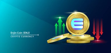 Enjin Sikkesi şifreli döviz pankartı. Borsada yükselen ve alçalan kırmızı-yeşil okları olan gelecek para birimi. Altın paralar kripto paraları. Yeşil ve sağlam bir geçmişi olan haberler için afiş. 3B Vektör.