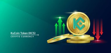 KuCoin Token şifreli döviz bayrağı. Borsada yükselen ve alçalan kırmızı-yeşil okları olan gelecek para birimi. Altın paralar kripto paraları. Yeşil ve sağlam bir geçmişi olan haberler için afiş. 3B Vektör.