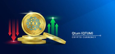 Qtum jetonlu kripto döviz bayrağı. Borsada yükselen ve alçalan kırmızı-yeşil okları olan gelecek para birimi. Altın paralar kripto paraları. Mavi ve sağlam bir geçmişi olan haberler için afiş. 3B Vektör.