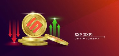 SXP şifreli döviz pankartı. Borsada yükselen ve alçalan kırmızı-yeşil okları olan gelecek para birimi. Altın paralar kripto paraları. Kırmızı ve sağlam bir arka planda haberler için afiş. 3B Vektör.