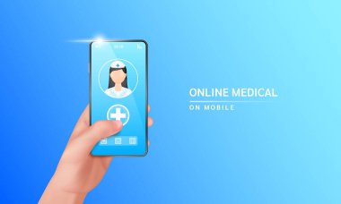 Gezici tıp doktoru çevrimiçi. El ele tutuşan akıllı telefon. İnternetteki doktorla akıllı telefonda sağlık uygulaması. Online tıbbi danışmanlık konsepti. 3B vektör.