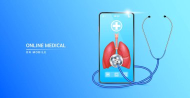Hareket halindeki akciğerler ve kalp atışlarını kontrol etmek için steteskop aletleri. Çevrimiçi tıbbi. İnternetteki doktorla akıllı telefonda sağlık uygulaması. Online tıbbi danışmanlık konsepti. 3B vektör.