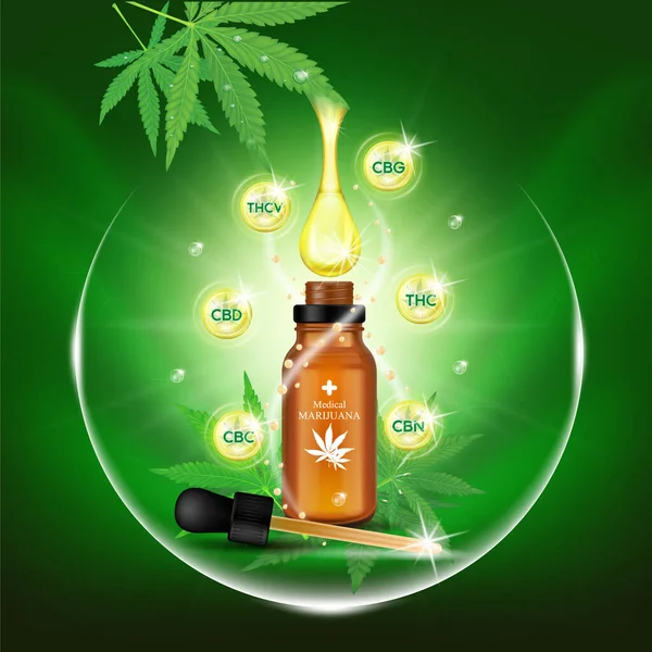 Déposez Huile Sérum Marijuana Une Bouteille Verre Les Herbes Médicinales — Image vectorielle