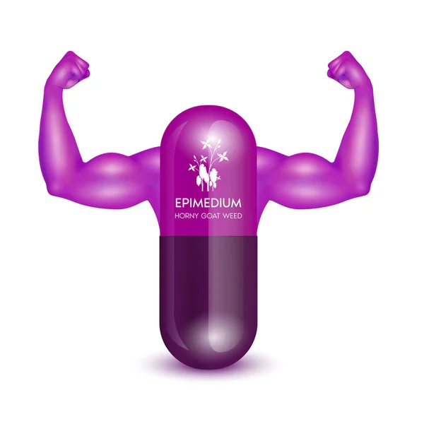 強力な筋肉を示す腕を持つ角質ヤギの雑草 Epimedium と紫色のカプセル ハーブの代替 強壮剤 健康的な医療概念 3Dベクトル — ストックベクタ