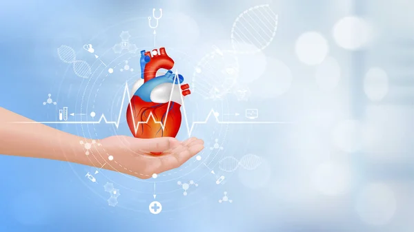 人間の心臓ホログラフィックスキャン投影3DレンダリングのデジタルX線を使用して手と心 現代の画面インターフェースネットワーク上のアイコン診断分析医療 医療技術の概念 ベクトル — ストックベクタ